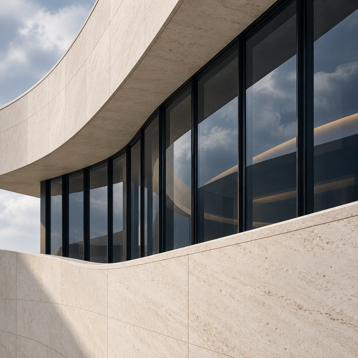 Détail d’une façade courbe en pierre claire et verre, vu de côté