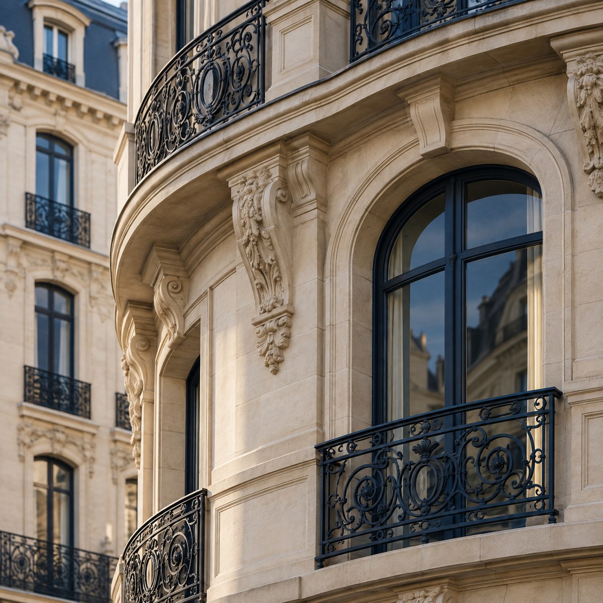 Façade d’un immeuble parisien et balcons en ferronnerie.