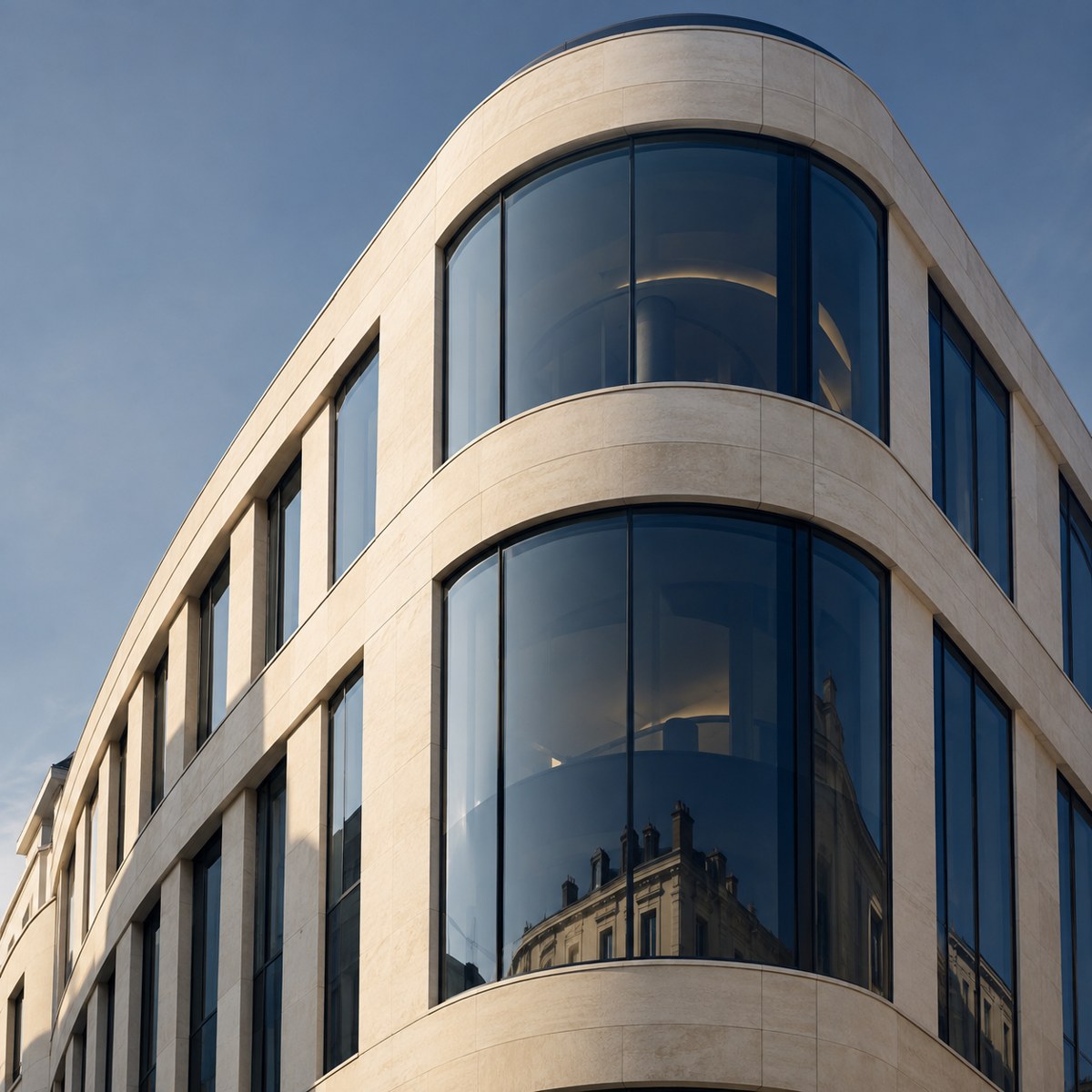 Façade arrondie d’un immeuble de bureaux aux grandes fenêtres.
