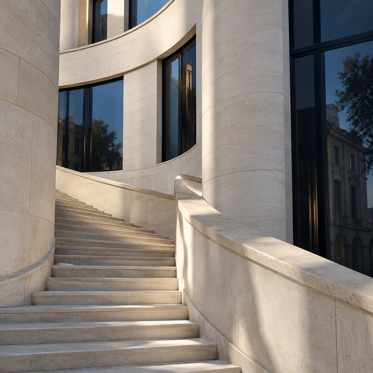Escalier en pierre longeant la façade courbe d’un immeuble.